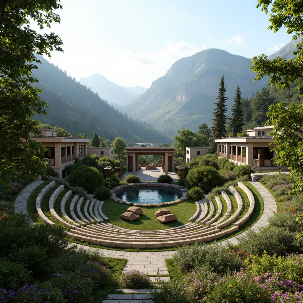 Prompt: Mountainous landscape, serene valley, lush greenery, amphitheater design, tiered seating, natural stone structures, wooden accents, panoramic views, rolling hills, meandering pathways, tranquil water features, vibrant wildflowers, warm sunny day, soft diffused lighting, atmospheric mist, 1/2 composition, symmetrical framing, realistic textures, ambient occlusion.Please let me know if this meets your requirements!