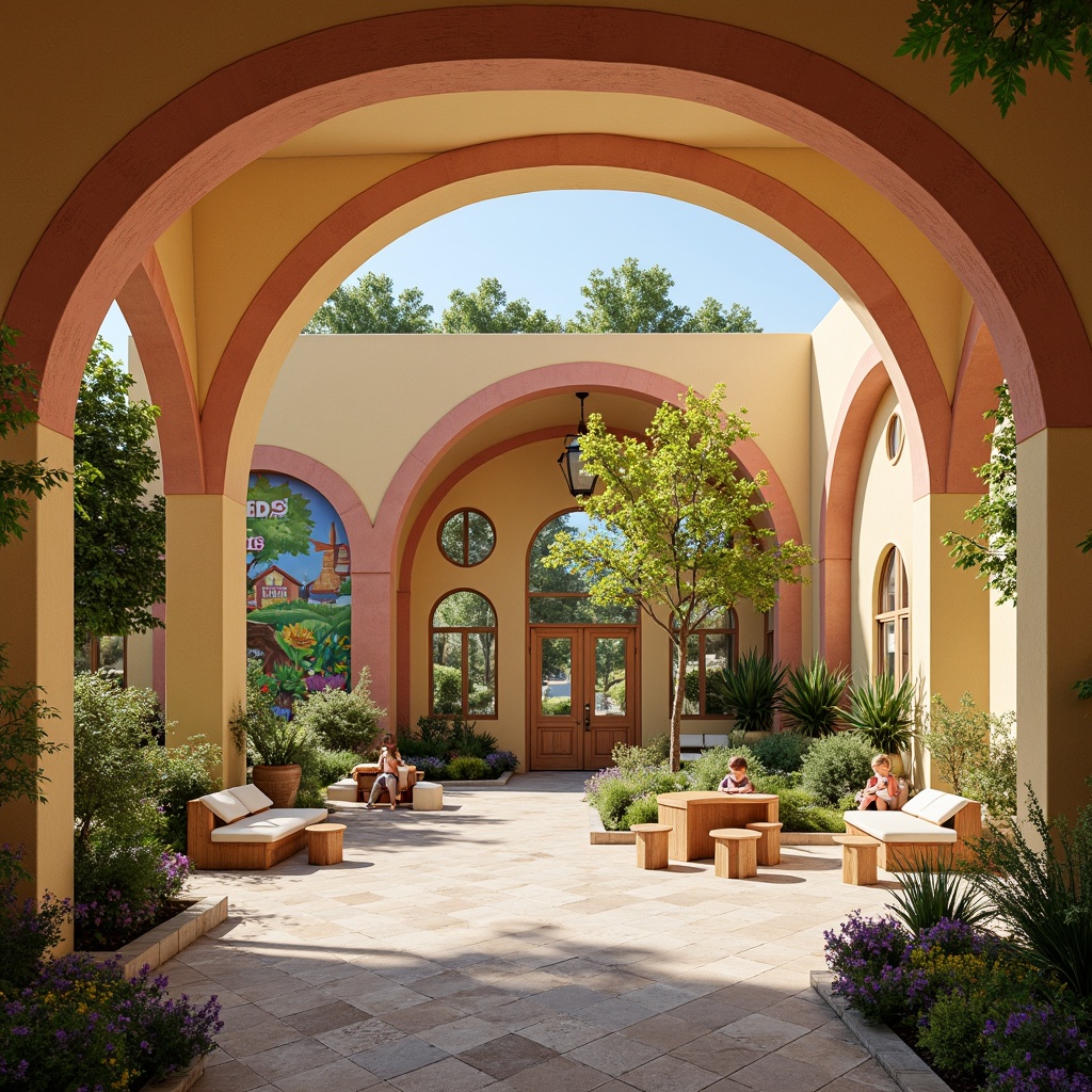 Prompt: Whimsical kindergarten, Romanesque arches, rounded doors, vibrant color scheme, playful murals, educational signage, natural stone flooring, rustic wooden accents, cozy reading nooks, circular tables, tiny chairs, soft warm lighting, shallow depth of field, 1/1 composition, panoramic view, realistic textures, ambient occlusion, lush greenery, blooming flowers, sunny day.