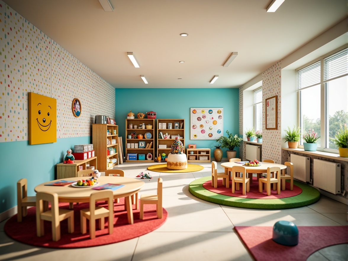 Prompt: Vibrant kindergarten classroom, bright primary colors, playful polka dots, soft pastel shades, whimsical illustrations, educational charts, colorful rugs, circular tables, tiny chairs, engaging toys, natural wood accents, cheerful lighting fixtures, lively wallpaper patterns, gentle gradient backgrounds, 1/1 composition, warm and inviting atmosphere, shallow depth of field, realistic textures.