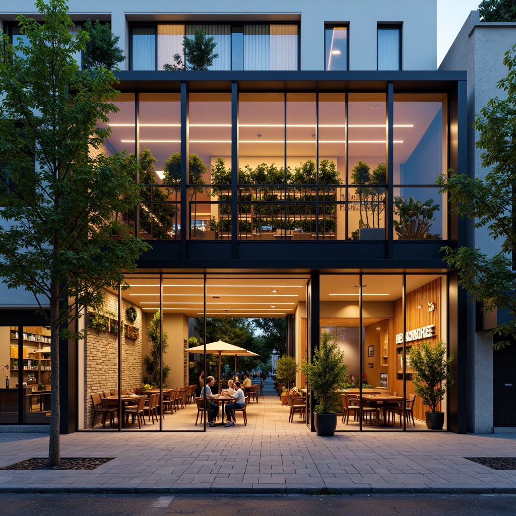 Prompt: Vibrant coffee shop facade, modern minimalist architecture, large glass windows, industrial metal frames, reclaimed wood accents, natural stone walls, vertical greenery, LED signage, cozy outdoor seating areas, warm ambiance, soft lighting, shallow depth of field, 3/4 composition, realistic textures, ambient occlusion, urban cityscape, bustling street scene, morning sunlight, gentle shadows, aromatic coffee scents, inviting entranceways.