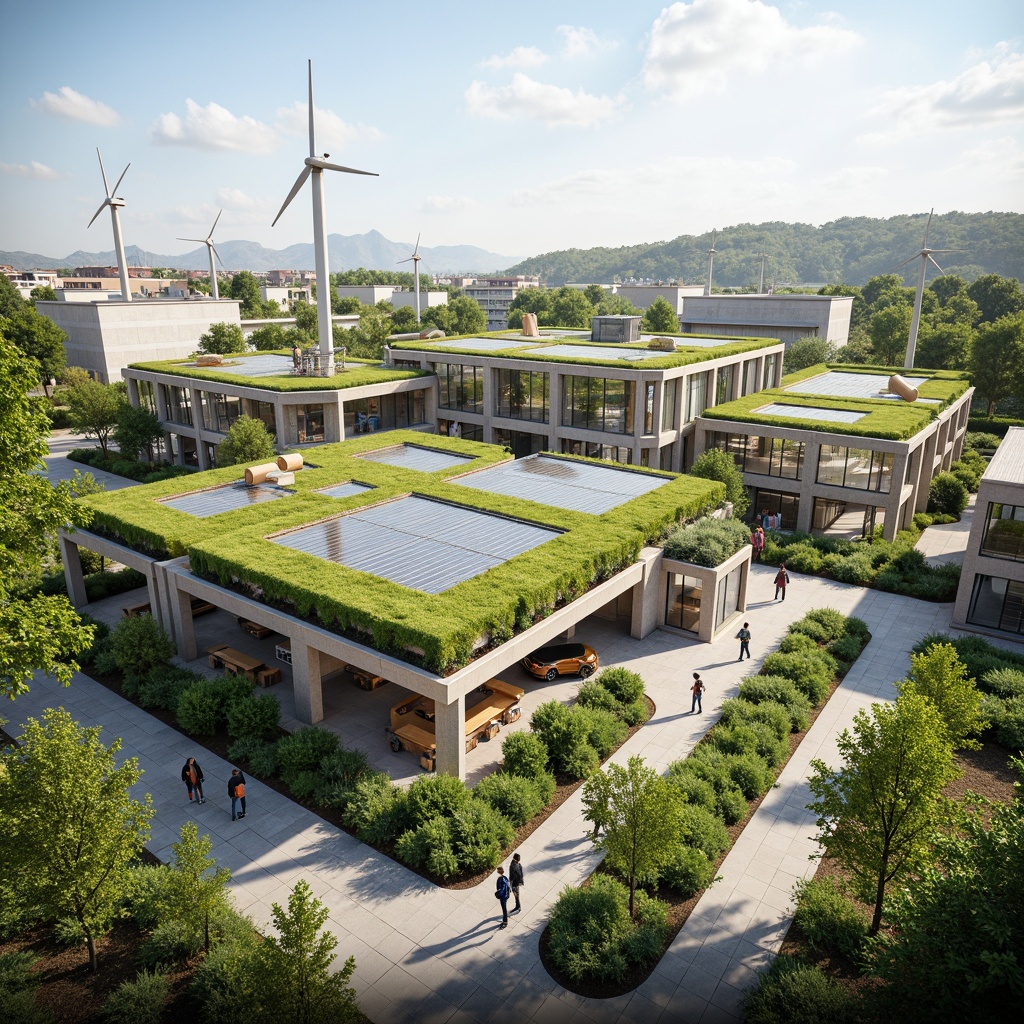 Prompt: Eco-friendly school campus, lush green roofs, solar panels, wind turbines, rainwater harvesting systems, recycled materials, natural ventilation systems, energy-efficient lighting, modern sustainable architecture, open-air classrooms, living walls, organic gardens, educational signage, interactive exhibits, collaborative learning spaces, flexible modular furniture, bright natural light, airy atmosphere, 1/1 composition, soft warm lighting, shallow depth of field, realistic textures.