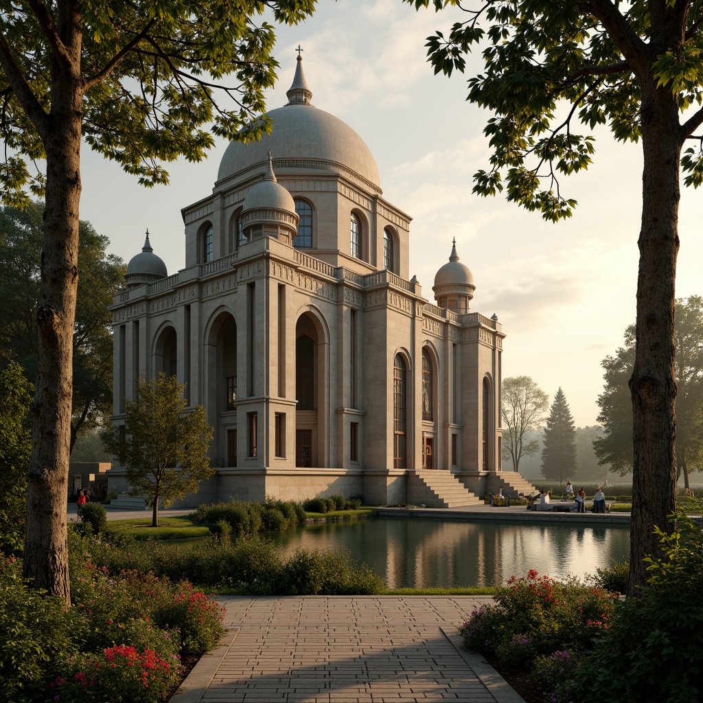 Prompt: Majestic pavilion, Gothic architecture, intricate stone carvings, stained glass windows, grand archways, lush greenery, vibrant flowers, natural water features, serene lake views, misty morning atmosphere, warm golden lighting, shallow depth of field, 1/2 composition, symmetrical framing, realistic textures, ambient occlusion, mystical fog effects.