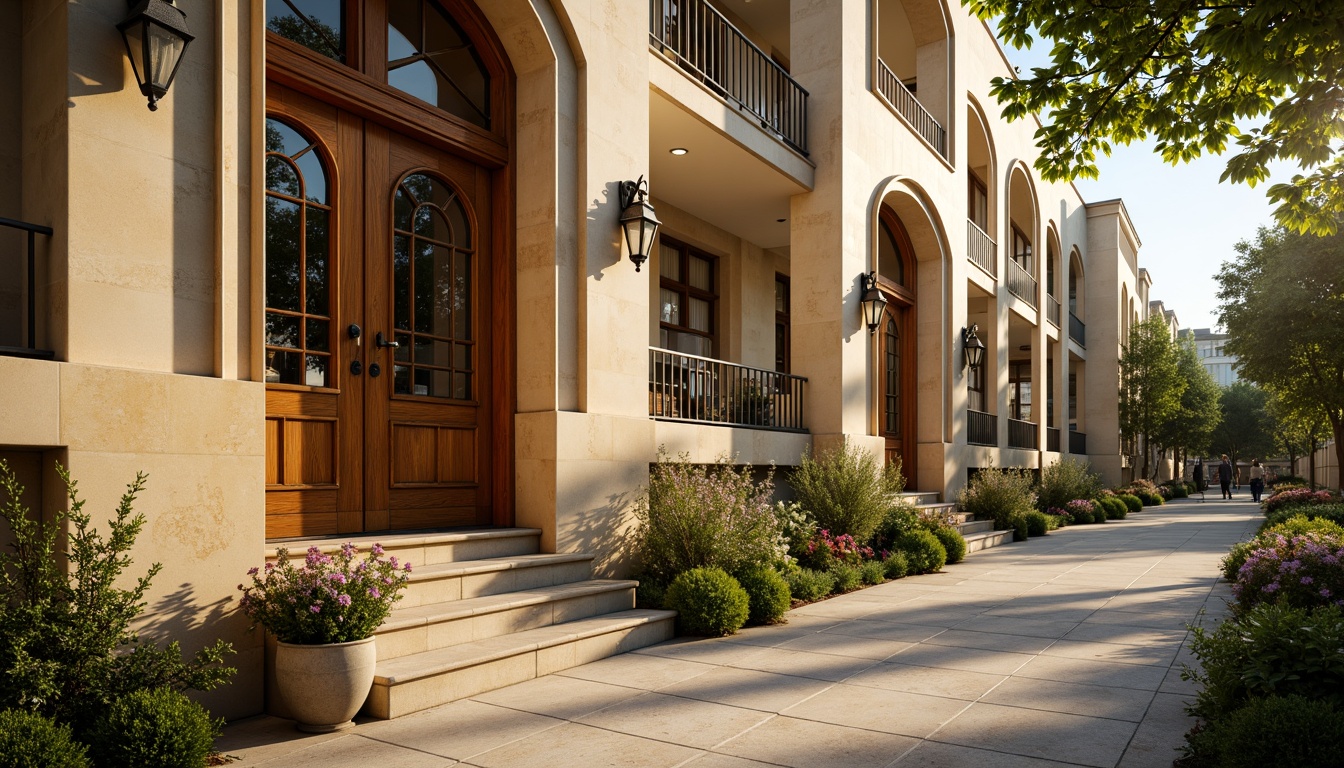 Prompt: Romantic campus facade, warm beige stone walls, ornate wooden doors, stained glass windows, grand entrance archways, soft curved lines, elegant balconies, lush greenery, blooming flowers, tranquil atmosphere, dappled shade, warm golden lighting, 1/1 composition, intimate focus, realistic textures, ambient occlusion.