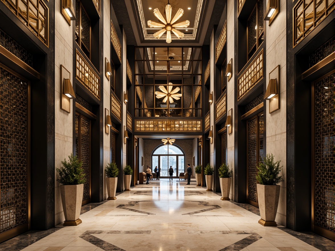 Prompt: Geometric skyscraper, metallic accents, ornate bronze details, stepped silhouette, zigzag motifs, chevron patterns, luxurious materials, marble flooring, granite walls, chrome-plated fixtures, lavish chandeliers, sunburst designs, stylized florals, geometric shapes, bold typography, vintage elevator doors, opulent lobby spaces, high-contrast lighting, dramatic shadows, cinematic composition, 1/2 perspective, detailed textures, realistic reflections.