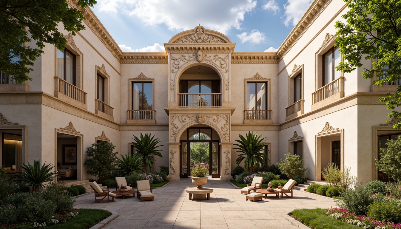 Prompt: Grand villa facade, ornate stone carvings, intricately patterned stucco walls, warm beige color scheme, rusticated quoins, arched windows, decorative balconies, elegant cornices, Italian-inspired architecture, lush greenery, blooming flowers, tranquil courtyard, soft natural light, subtle warm shadows, 1/1 composition, symmetrical arrangement, realistic textures, ambient occlusion.