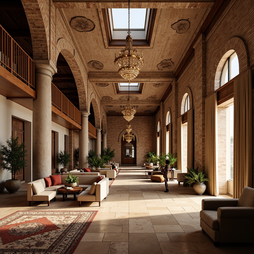 Prompt: Byzantine-inspired loft interior, high ceilings, exposed brick walls, ornate arches, grand chandeliers, lavish furnishings, warm earthy tones, rich textiles, intricate mosaics, natural light pouring in through large skylights, clerestory windows, soft diffused lighting, warm beige stone floors, distressed wood accents, plush area rugs, elegant drapery, symmetrical composition, 1/1 aspect ratio, subtle lens blur, warm color grading, realistic material reflections.