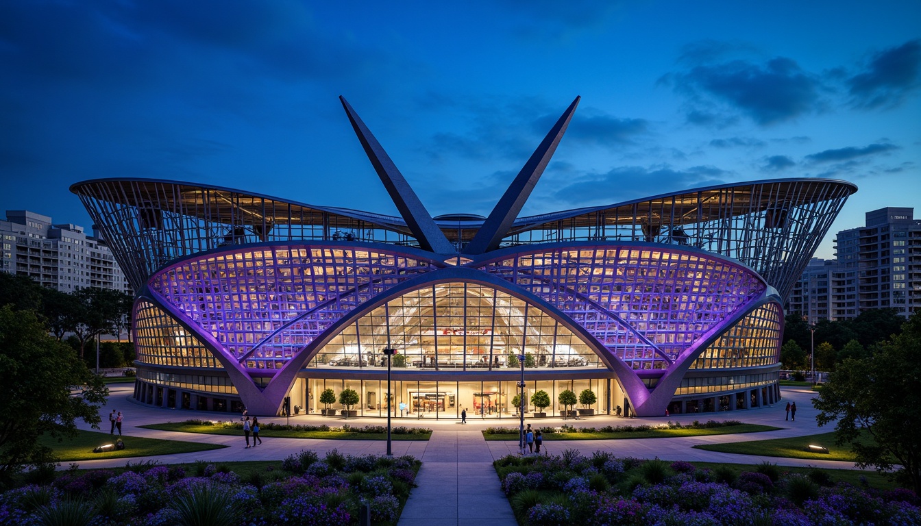 Prompt: Futuristic soccer stadium, dynamic curves, metallic latticework, LED light installations, sleek glass facades, cantilevered roofs, grand entrance archways, vibrant team color schemes, urban cityscape backdrop, clear blue sky, dramatic nighttime lighting, shallow depth of field, 3/4 composition, panoramic view, realistic textures, ambient occlusion.