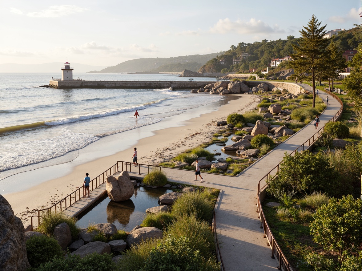 Prompt: Sustainable coastal development, curved shoreline, gentle waves, sandy beach, driftwood sculptures, weathered pier, rustic lighthouse, oceanfront promenade, tidal pools, seaweed-covered rocks, salt-tolerant plant species, blue-green infrastructure, eco-friendly boardwalks, recycled plastic benches, wind-swept trees, warm sunny day, soft diffused lighting, aerial perspective, 1/2 composition, cinematic atmosphere, realistic water simulation.