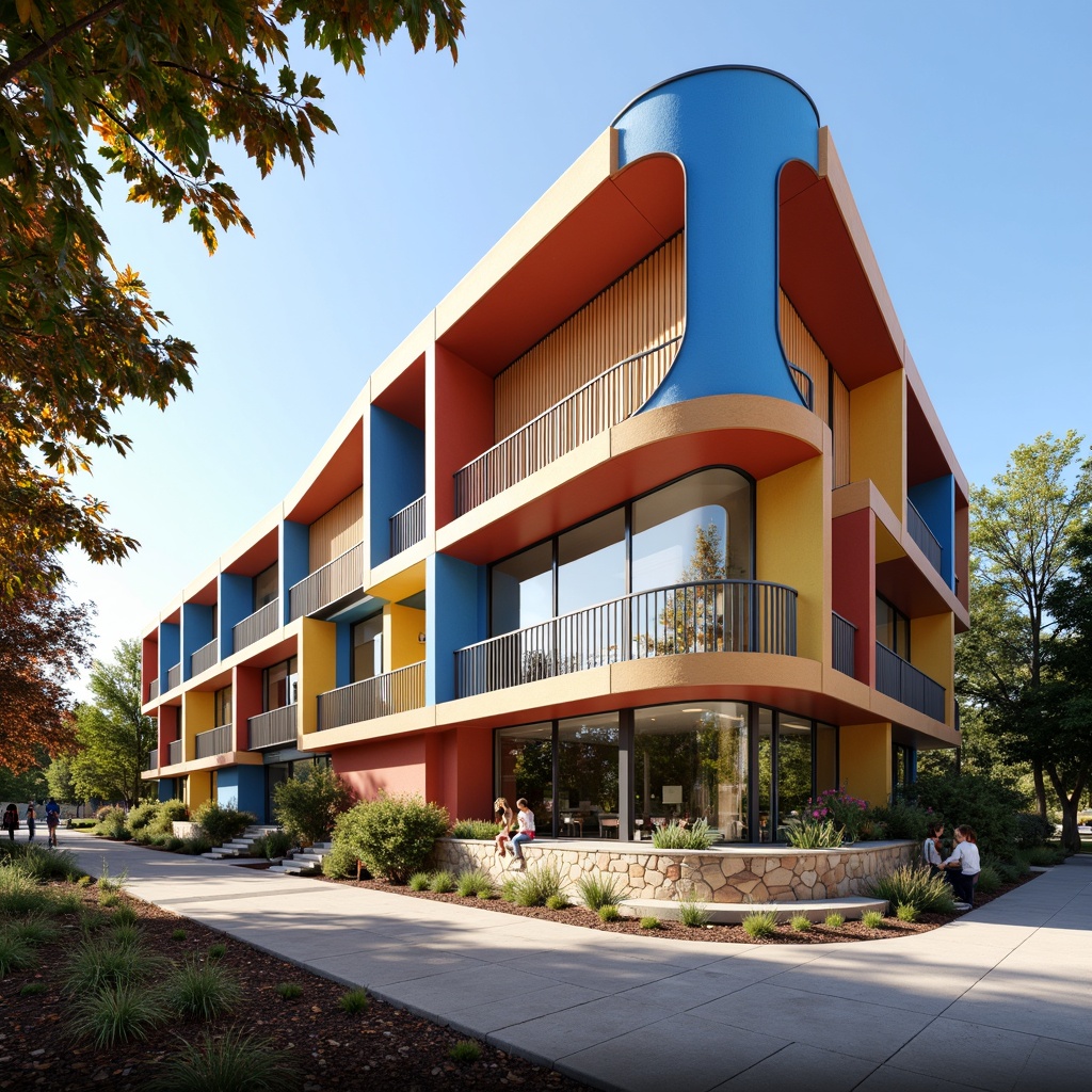 Prompt: Vibrant middle school building, expressive curved lines, irregular shapes, bold color blocks, abstract patterns, eclectic mix of materials, natural stone walls, wooden accents, corrugated metal panels, oversized windows, asymmetrical facade composition, playful outdoor spaces, dynamic lighting effects, warm afternoon sunlight, shallow depth of field, 1/2 composition, artistic brushstroke textures, whimsical architectural details.