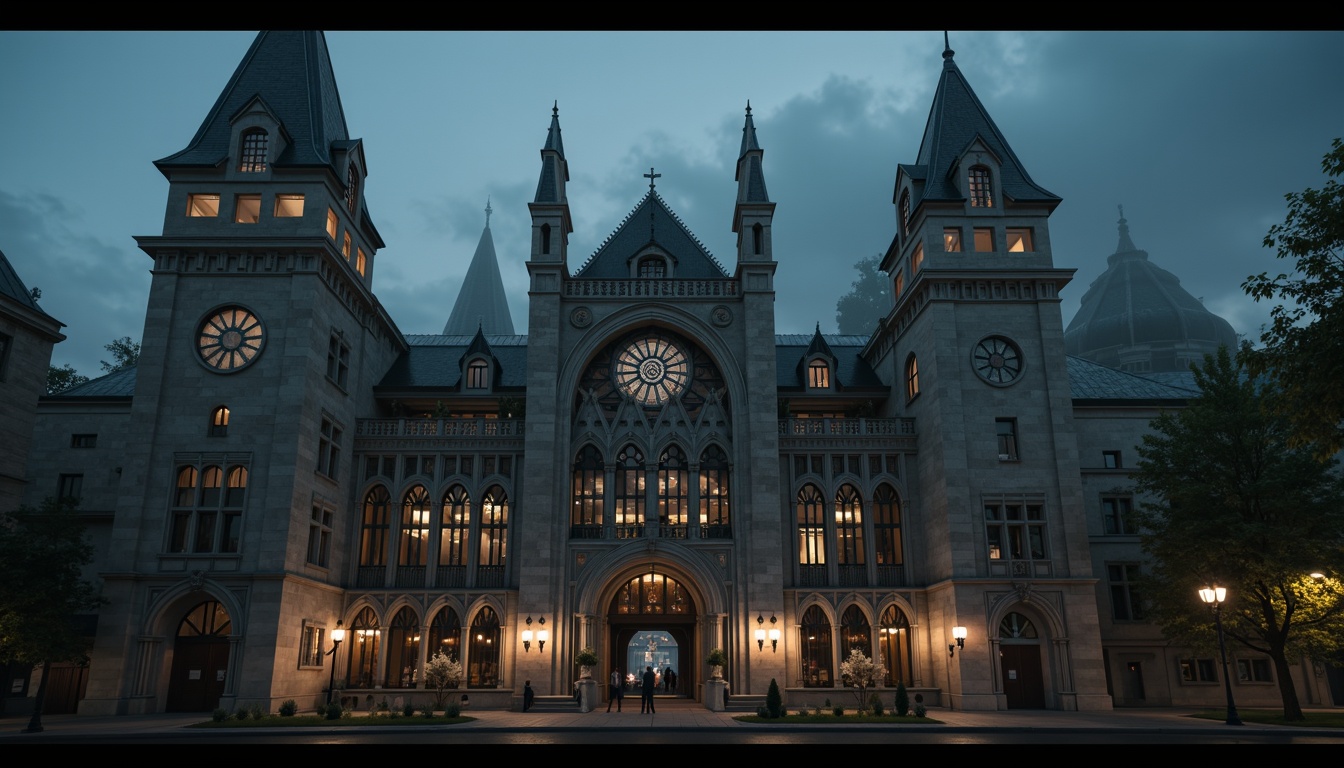 Prompt: Intricate stone carvings, pointed arches, ribbed vaults, grandiose entrance gates, ornate gargoyles, flying buttresses, steeply pitched roofs, dramatic stained glass windows, majestic towers, imposing grandstands, atmospheric nighttime lighting, misty foggy atmosphere, high-contrast dramatic shadows, cinematic wide-angle shots, 2/3 composition, symmetrical framing, rich detailed textures, ambient occlusion.