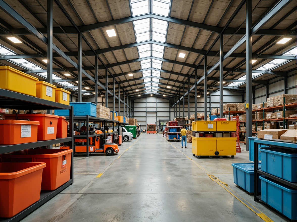 Prompt: Industrial warehouse, exposed ductwork, steel beams, concrete floors, functional lighting, color-coded storage bins, bold primary colors, contrasting accents, high-contrast signage, natural light infusion, clerestory windows, skylights, warm beige tones, cool gray hues, pop of bright orange, energizing yellow highlights, calm blue undertones, stimulating green accents, monochromatic scheme, analogous harmonies, triadic color balance, vibrant material textures, reflective metal surfaces, matte concrete finishes, dramatic shadow play, low-key ambient lighting, 2/3 composition, symmetrical framing, atmospheric perspective.