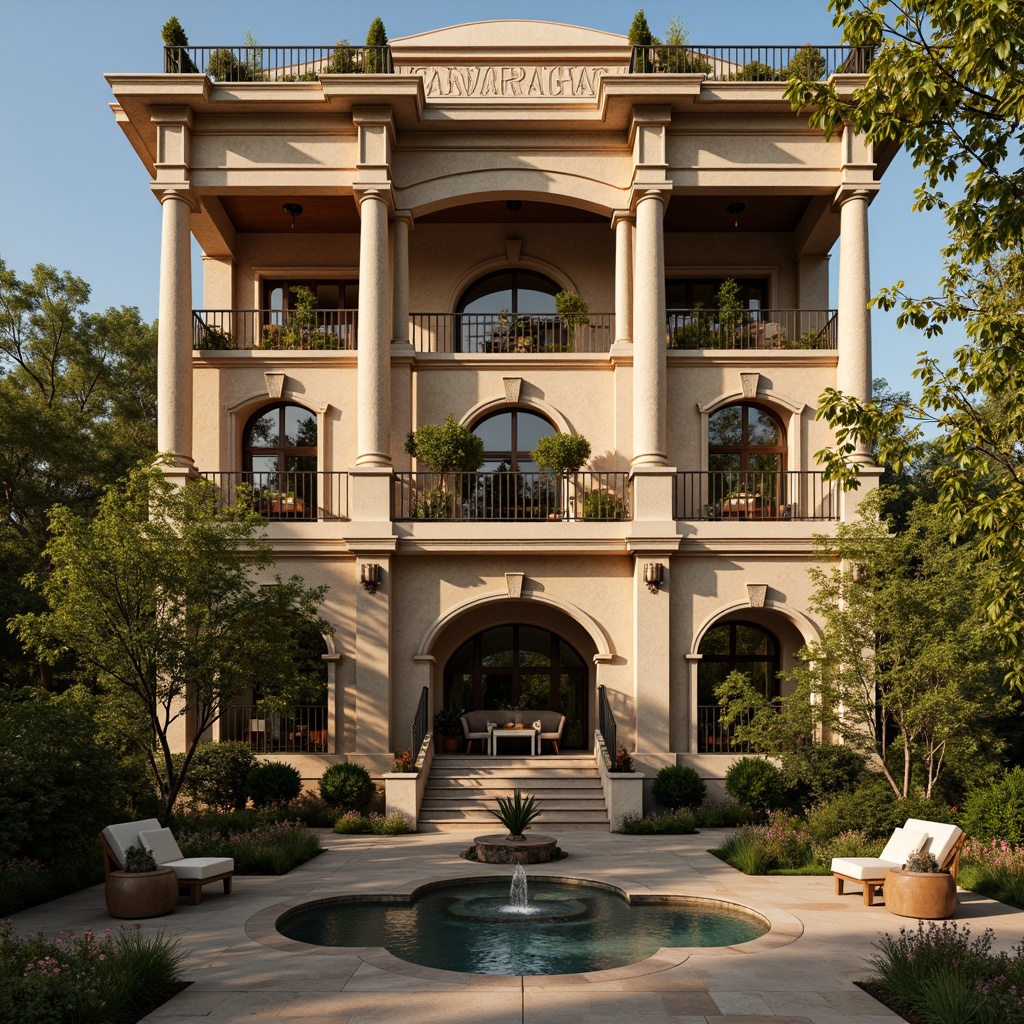 Prompt: Grand villa facade, stately columns, ornate arches, rusticated stone walls, symmetrical composition, Tuscan-style pilasters, carved marble details, intricate moldings, luxurious balconies, wrought iron railings, Mediterranean-inspired gardens, lush greenery, blooming flowers, tranquil water features, warm golden lighting, soft focus blur, 1/2 composition, Renaissance-era ambiance, realistic stone textures.