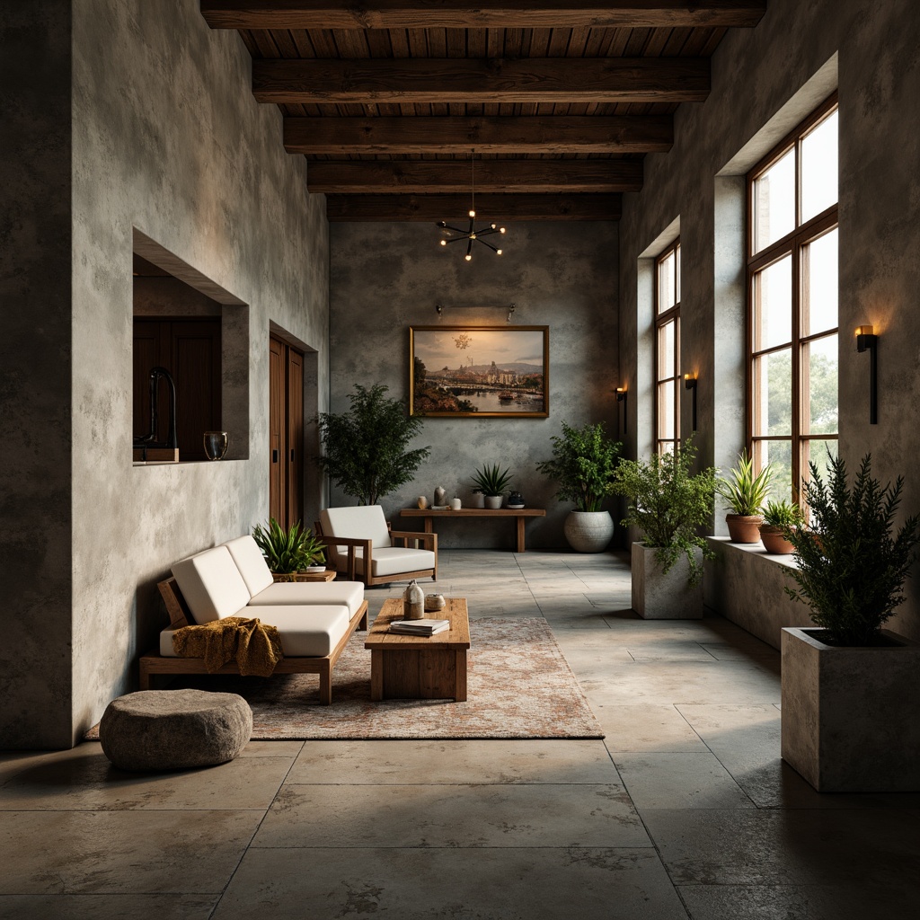 Prompt: Rustic modern interior, rough plastered concrete walls, smooth polished concrete floors, industrial chic decor, moody atmospheric lighting, warm golden accents, distressed wood furniture, minimalist metal frames, lush greenery, potted plants, natural stone pedestals, earthy color palette, subtle texture gradations, shallow depth of field, 1/2 composition, cinematic lighting, realistic renderings, ambient occlusion.