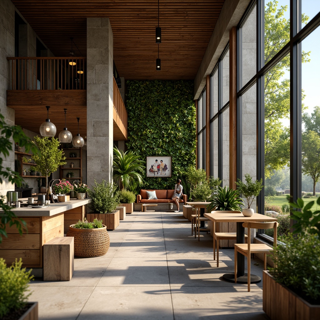 Prompt: Cozy coffee shop, natural stone walls, reclaimed wood accents, lush greenery, living walls, vertical gardens, warm earthy tones, modern minimalist decor, large windows, glass doors, outdoor seating areas, vibrant flowers, misting systems, soft warm lighting, shallow depth of field, 3/4 composition, panoramic view, realistic textures, ambient occlusion.