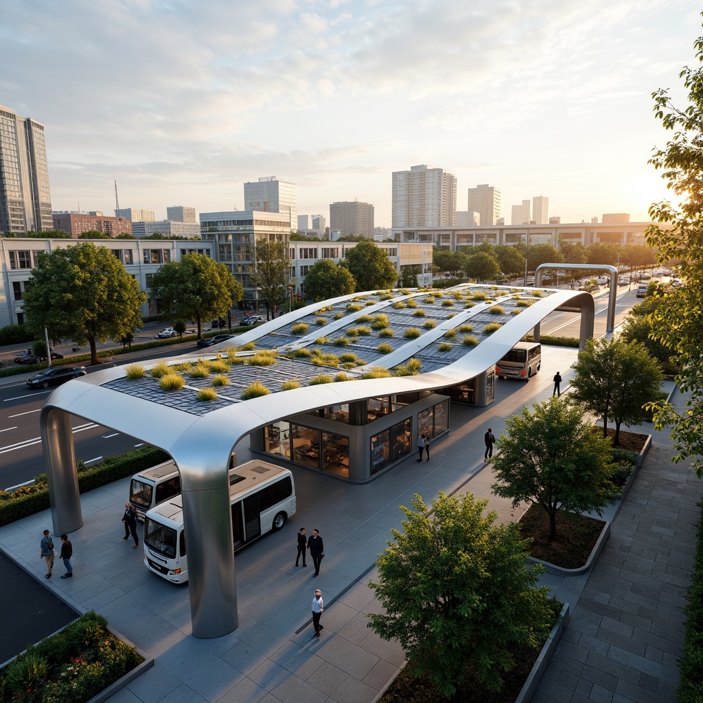 Prompt: Modern bus station, sleek metal canopy, solar panels integration, green roof, sustainable energy harvesting, eco-friendly materials, natural ventilation systems, large skylights, translucent roofing, minimalist architecture, curved lines, futuristic design, urban landscape, cityscape views, morning sunlight, soft warm lighting, shallow depth of field, 3/4 composition, panoramic view, realistic textures, ambient occlusion.