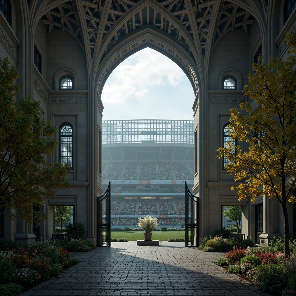 Prompt: Grandiose football stadium, intricate stone carvings, ribbed vaulted ceilings, pointed arches, flying buttresses, stained glass windows, ornate ironwork, majestic towers, grand entrance gates, cobblestone pavement, lush greenery, vibrant flowers, misty atmosphere, dramatic lighting, 1/1 composition, low-angle shot, cinematic mood, detailed textures, ambient occlusion.