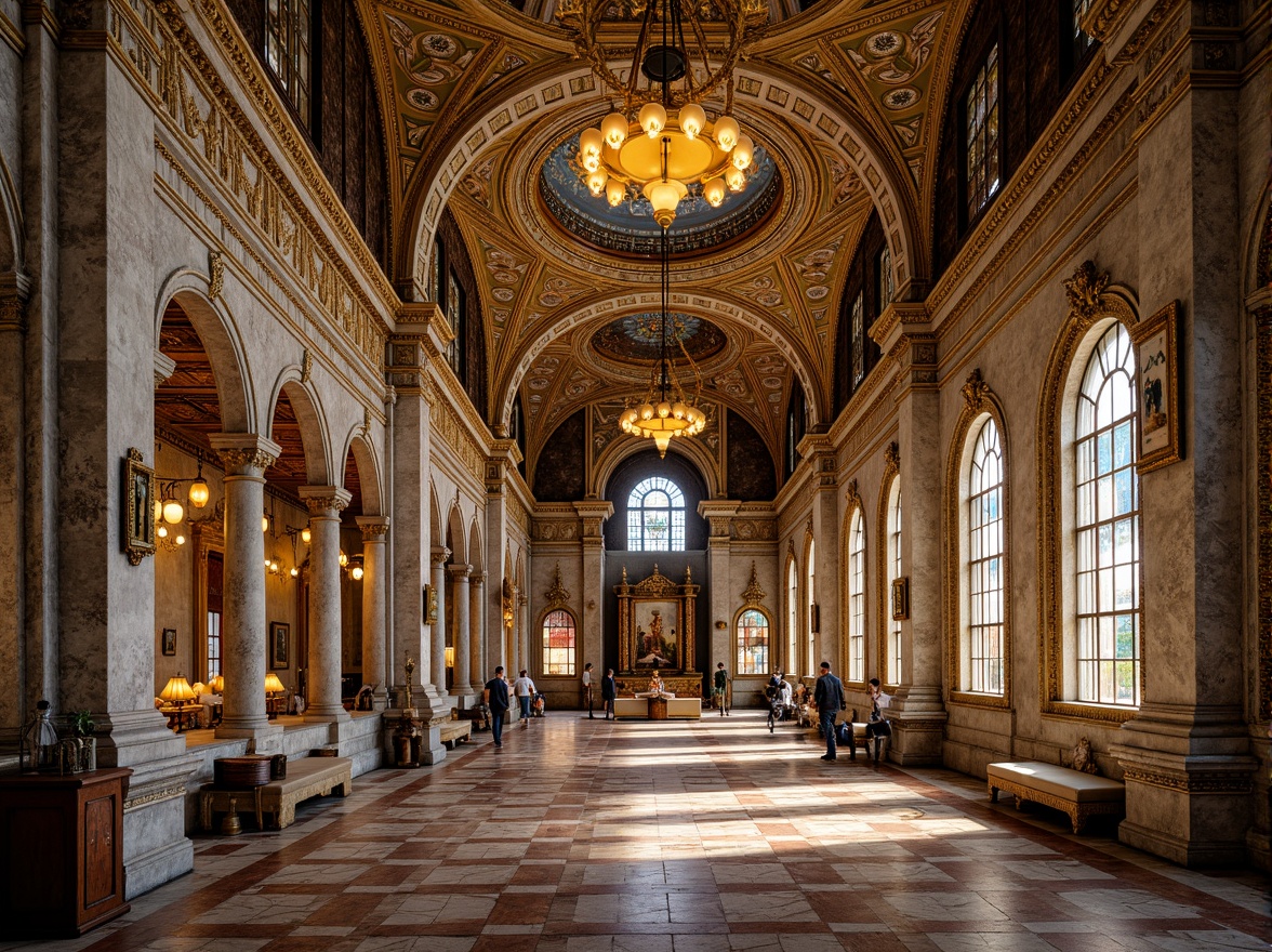 Prompt: Intricate stone carvings, ornate golden mosaics, grandiose domes, majestic arches, lavish frescoes, ornamental columns, richly patterned marble floors, vibrant stained glass windows, elaborate iconostases, gilded accents, intricate geometric patterns, Byzantine-inspired motifs, lavish furnishings, regal atmosphere, warm golden lighting, shallow depth of field, 1/1 composition, realistic textures, ambient occlusion.