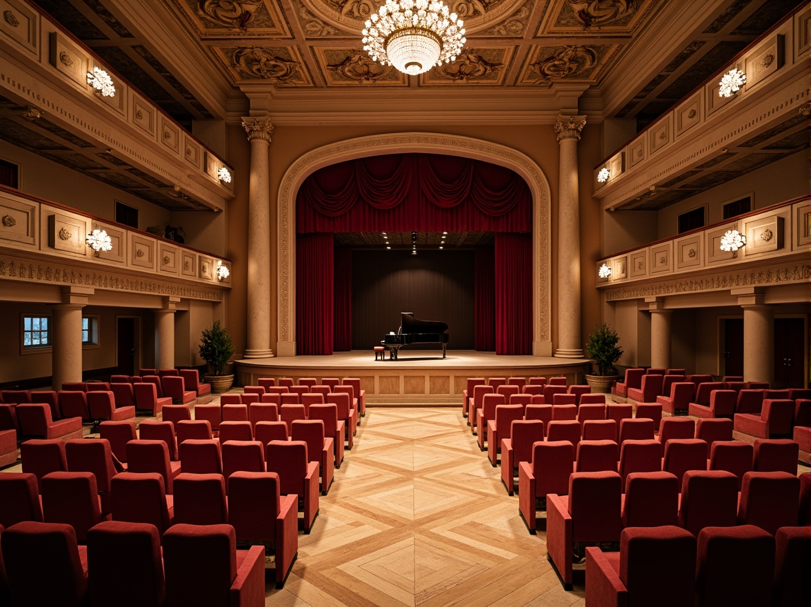 Prompt: Elegant concert hall, ornate chandeliers, refined wooden floors, plush red velvet seats, grand piano center stage, acoustic panels, soundproofing materials, intimate setting, soft warm lighting, shallow depth of field, 1/1 composition, symmetrical architecture, neoclassical style, marble columns, intricate moldings, luxurious textiles, dramatic spotlights, precise sound diffusion, optimal reverberation time, audience engagement, immersive experience.