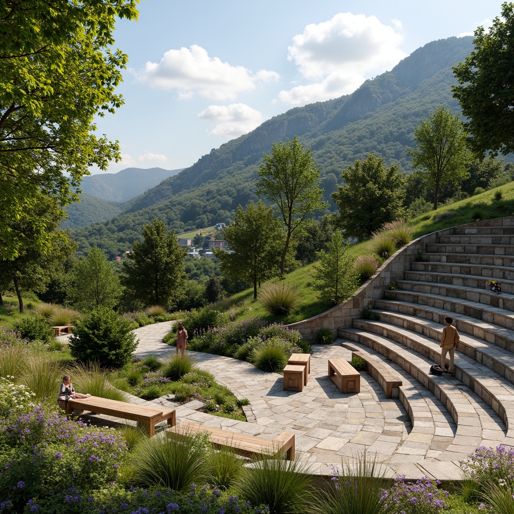 Prompt: Serene hillside, lush greenery, natural stone seating, curved amphitheater design, wooden benches, integrated landscaping, native plant species, meandering pathways, rustic stone walls, scenic overlooks, sunny day, soft warm lighting, shallow depth of field, 3/4 composition, panoramic view, realistic textures, ambient occlusion, harmonious blend of architecture and nature.