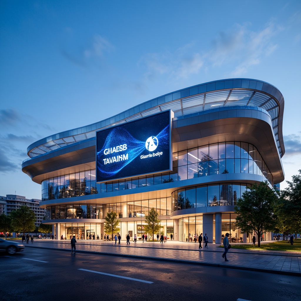 Prompt: Sleek stadium facade, modernist architecture, curved lines, minimalist details, silver metallic surfaces, glass curtain walls, cantilevered roofs, grand entranceways, futuristic LED lighting, dynamic digital displays, abstract geometric patterns, atmospheric evening ambiance, softbox lighting, shallow depth of field, 2/3 composition, panoramic view, realistic reflections, ambient occlusion.