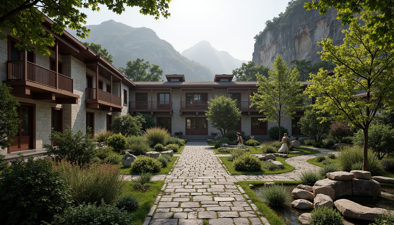 Prompt: Secluded monastery courtyard, lush greenery, natural stone walls, rustic wooden doors, tranquil water features, meditation gardens, serene atmosphere, soft diffused lighting, misty morning fog, majestic mountain backdrop, winding stone pathways, traditional Tibetan architecture, intricately carved wooden accents, vibrant prayer flags, peaceful chanting sounds, minimalist interior design, earthenware pottery, bamboo flooring, natural ventilation systems, passive solar heating, rainwater harvesting systems, organic farming practices, sustainable building materials, 3/4 composition, panoramic view, realistic textures, ambient occlusion.