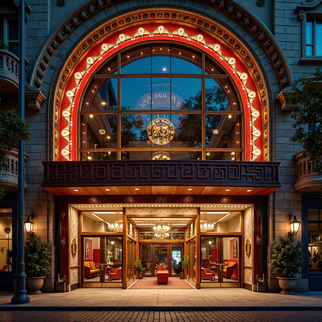 Prompt: Vibrant theater facade, eclectic mix of ornate details, grand entrance, sweeping arches, intricate moldings, ornamental columns, lavish decorations, golden accents, rich jewel-toned colors, textured stone walls, polished marble floors, dramatic spotlights, warm ambient glow, shallow depth of field, 1/2 composition, low-angle shot, cinematic lighting, realistic reflections, detailed architectural ornaments.