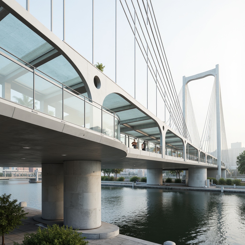 Prompt: Transparent bridge structure, sleek steel cables, gleaming white concrete piers, modern minimalist design, cantilevered pedestrian walkways, glass flooring, open truss systems, natural light penetration, subtle shading devices, urban cityscape backdrop, calm river waters, misty morning atmosphere, soft warm lighting, shallow depth of field, 1/1 composition, realistic reflections, ambient occlusion.