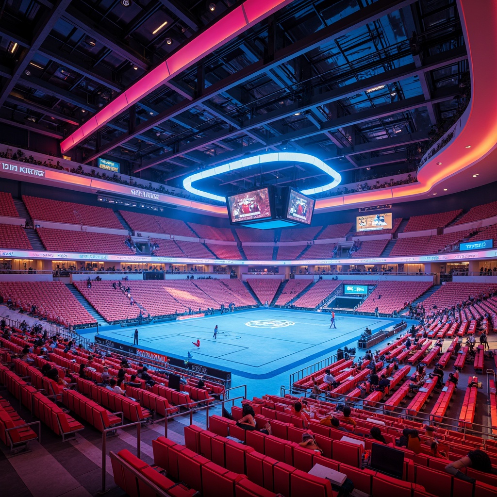 Prompt: Vibrant stadium interior, dynamic color scheme, bold team spirit, energetic atmosphere, tiered seating, sleek metal railings, polished concrete floors, bright LED lighting, immersive audio systems, modern architecture, geometric patterns, abstract shapes, gradient textures, neon accents, warm glow, 1/1 composition, shallow depth of field, realistic materials, ambient occlusion.