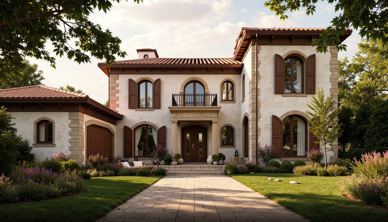 Prompt: Renaissance-inspired villa, ornate facade details, rustic stone walls, arched windows, grand entrance, wooden shutters, classic columns, symmetrical composition, warm golden lighting, soft focus, 1/1 aspect ratio, elegant landscaping, lush greenery, blooming flowers, meandering pathways, tranquil atmosphere, subtle textures, ambient occlusion.