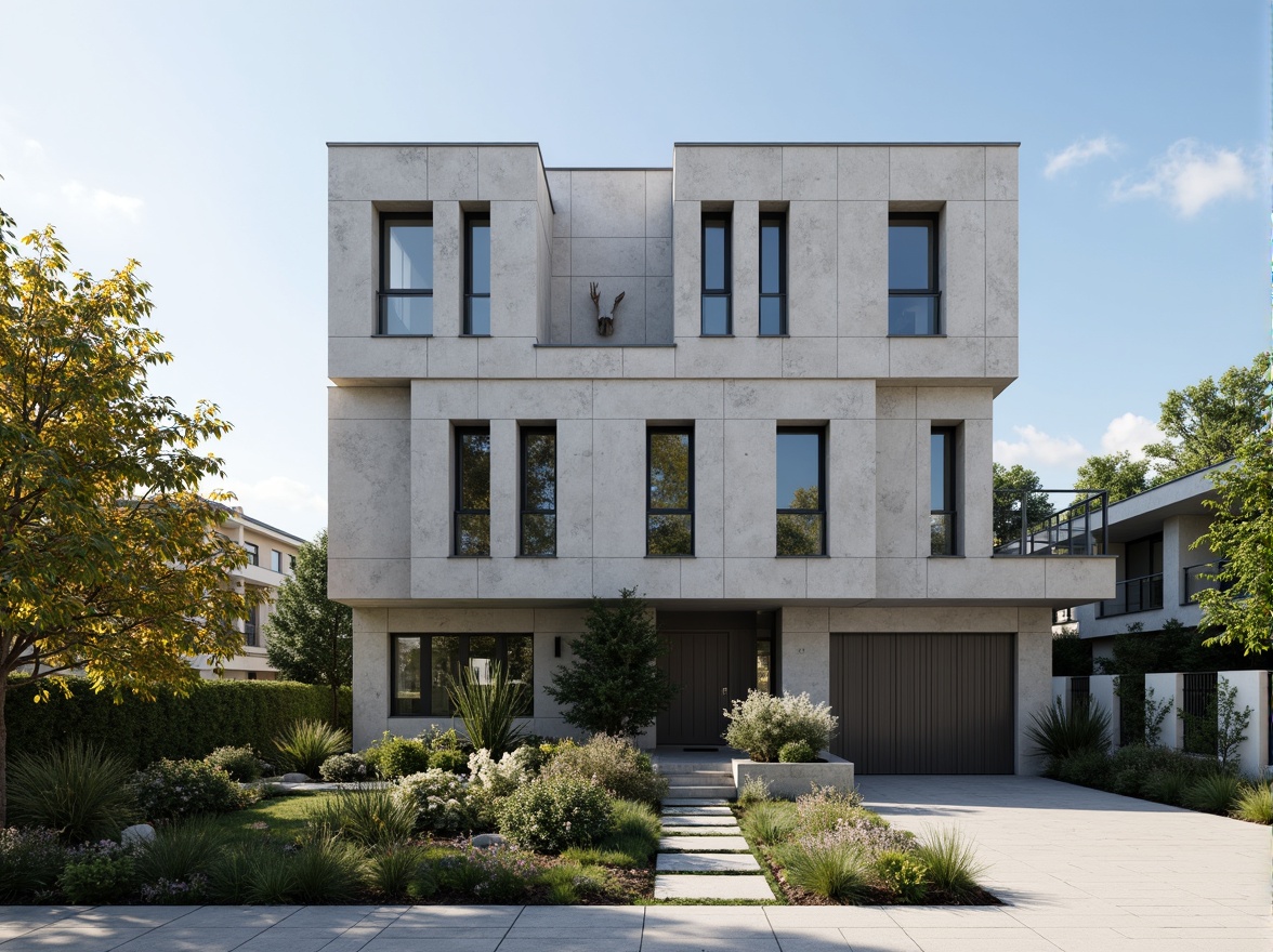 Prompt: Geometric house facade, brutalist architecture, raw concrete texture, modular structure, clean lines, minimalist aesthetic, industrial materials, metal accents, repetitive patterns, symmetrical composition, 1/1 aspect ratio, high-contrast lighting, dramatic shadows, urban cityscape, modern suburban neighborhood, sunny afternoon, soft focus blur, atmospheric perspective.