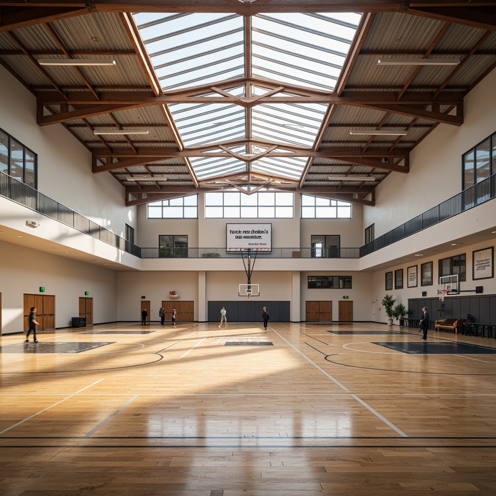 Prompt: Large gymnasium, high ceilings, clerestory windows, natural light pouring in, polished wooden floors, basketball courts, athletic tracks, sports equipment, motivational quotes, modern architecture, steel beams, minimalist design, bright colors, warm atmosphere, soft shadows, shallow depth of field, 3/4 composition, panoramic view, realistic textures, ambient occlusion.