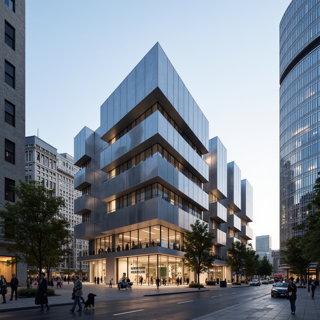 Prompt: Sleek museum facade, streamlined modern architecture, minimalist design, silver metallic cladding, floor-to-ceiling glass windows, angular lines, cantilevered roofs, grand entrance plaza, pedestrian walkways, urban cityscape, morning sunlight, soft shadows, shallow depth of field, 2/3 composition, symmetrical framing, realistic reflections, ambient occlusion, cultural signage, LED light installations, evening ambiance, subtle color palette, abstract sculptures, modern art pieces.