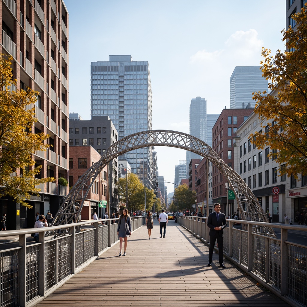 Prompt: Curved pedestrian bridge, stainless steel cables, wooden decking, modern minimalist design, urban cityscape, bustling streets, vibrant street art, eclectic skyscrapers, sunny day, soft warm lighting, shallow depth of field, 3/4 composition, panoramic view, realistic textures, ambient occlusion, gentle arches, sleek handrails, intricate latticework, pedestrian traffic flow, accessible ramps, safety barriers, urban renewal project.