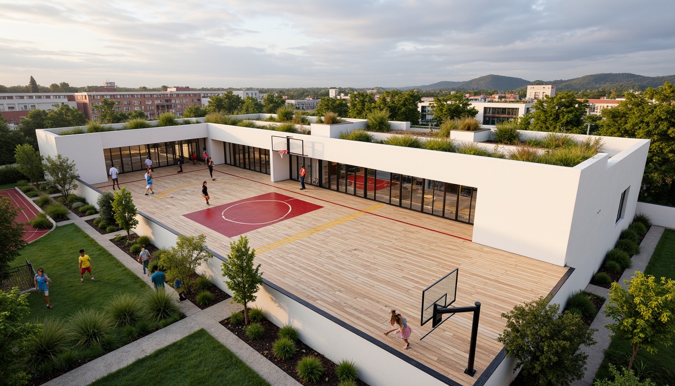 Prompt: Modernist gymnasium building, bold rectangular forms, flat roofs, large windows, industrial materials, exposed ductwork, minimalist aesthetic, natural light-filled interior, sleek wooden floors, geometric patterns, vibrant color accents, dynamic sports equipment, basketball hoops, soccer goals, athletic tracks, green roof gardens, lush vegetation, outdoor recreational spaces, scenic views, harmonious integration with surroundings, soft warm lighting, shallow depth of field, 3/4 composition, panoramic view, realistic textures, ambient occlusion.