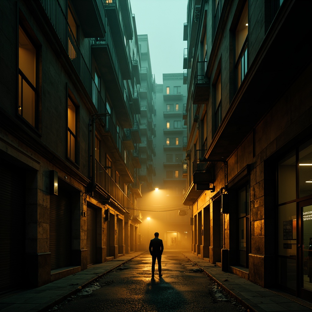 Prompt: Moody Expressionist architecture, dramatic chiaroscuro lighting, warm golden tones, deep shadows, accentuated contours, atmospheric fog effects, misty ambient lights, bold geometric shapes, distorted forms, vibrant color palette, intense emotional atmosphere, cinematic composition, low-key lighting, high-contrast ratios, strong directional light sources, mysterious alleyways, eerie nighttime scenes, isolated spotlights, exaggerated textures, abstract reflections.