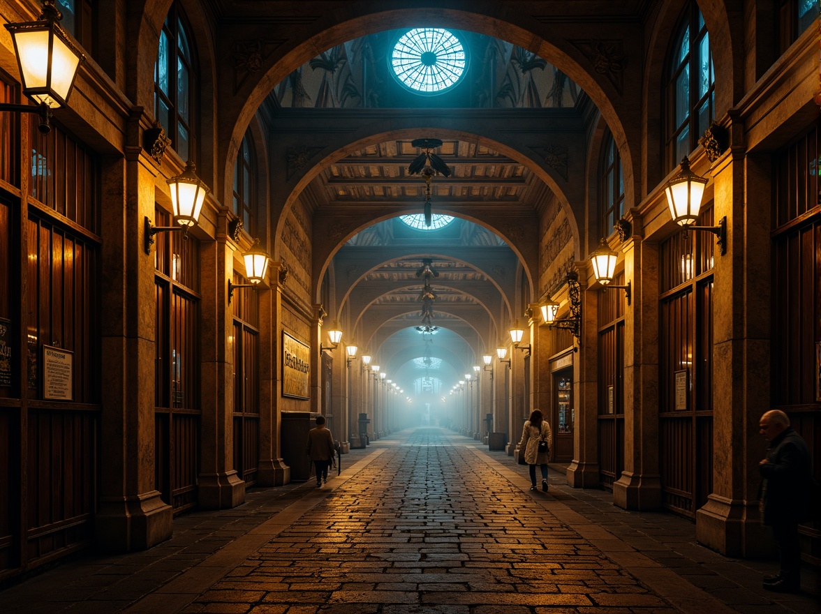 Prompt: Grand tram station, Gothic arches, ornate stonework, ribbed vaults, stained glass windows, intricate carvings, mystical ambiance, dim warm lighting, foggy atmosphere, old-fashioned lanterns, rusty iron gates, worn stone floors, mysterious shadows, dramatic perspective, high contrast, atmospheric depth of field, 1/2 composition, symmetrical framing.