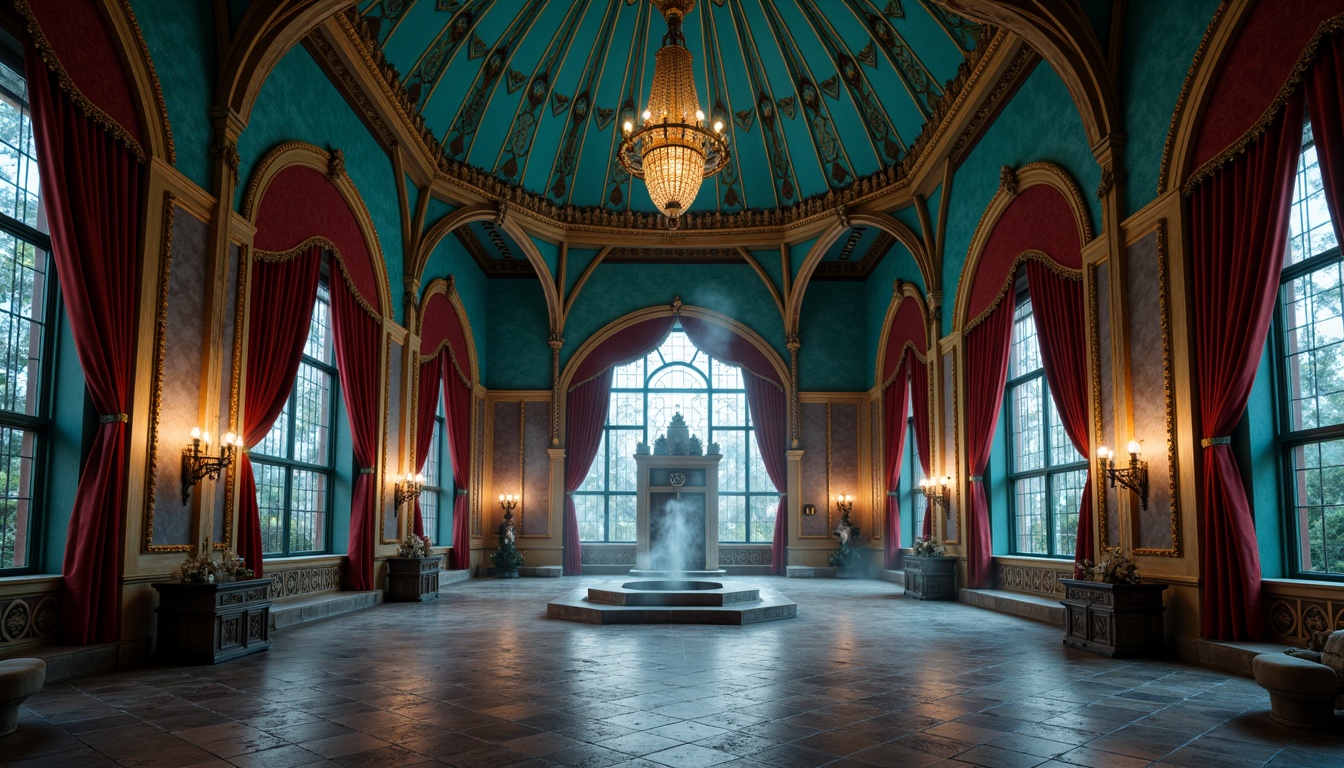 Prompt: Majestic pavilion, intricate Gothic arches, vibrant turquoise accents, rich burgundy walls, ornate golden details, mystical stained glass windows, grandiose entrance doors, lavish velvet drapes, mysterious foggy atmosphere, warm candlelight, dramatic spotlights, symmetrical composition, 1/1 aspect ratio, high contrast lighting, mystical ambient sounds, realistic weathered textures.