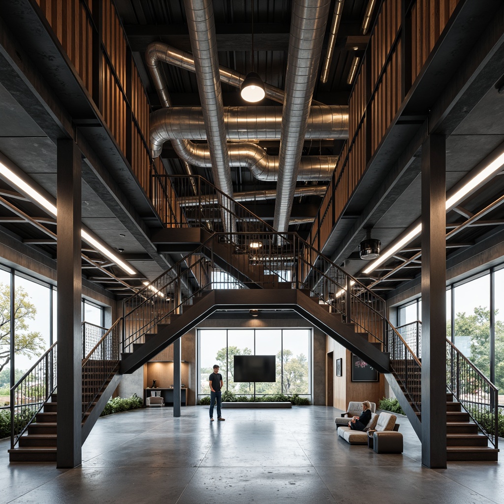 Prompt: Intricate steel beams, industrial pipes, exposed ductwork, polished concrete floors, minimalist aesthetics, functional simplicity, brutalist architecture, urban loft atmosphere, reclaimed wood accents, metal mesh railings, geometric staircases, cantilevered balconies, dramatic vertical spaces, abundant natural light, high ceilings, 3/4 composition, low-angle shots, cinematic lighting, realistic materials, ambient occlusion.