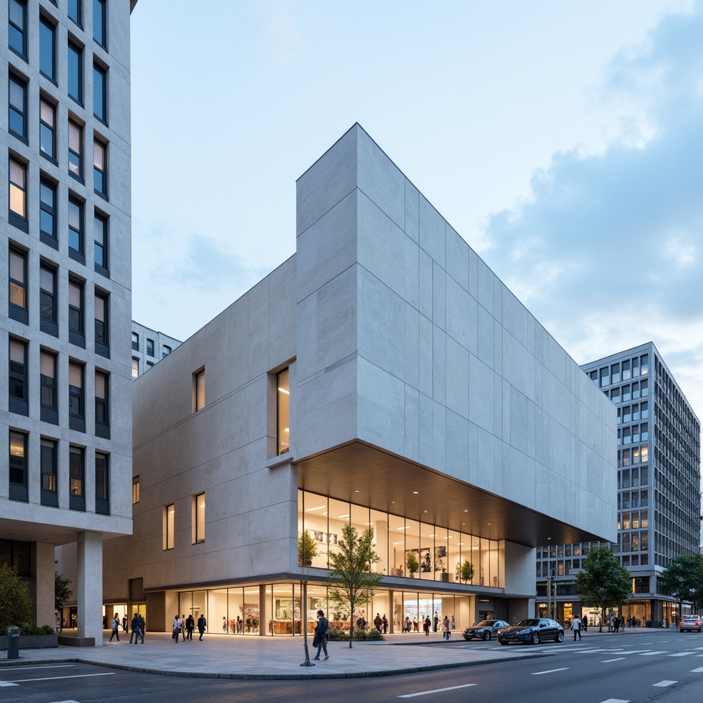 Prompt: Streamlined museum facade, modernist architecture, white concrete walls, minimalist ornamentation, large glass windows, cantilevered rooflines, asymmetrical compositions, natural stone flooring, metallic accents, LED lighting installations, urban cityscape, cloudy blue sky, soft diffused light, shallow depth of field, 1/1 composition, symmetrical framing, realistic materials, ambient occlusion.