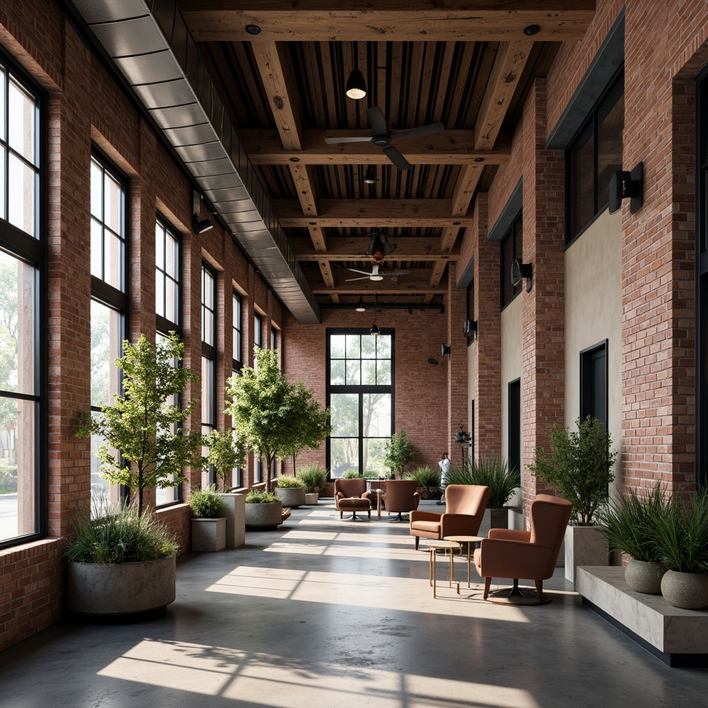 Prompt: Industrial fusion buildings, exposed brick walls, metallic accents, reclaimed wood, urban loft atmosphere, neutral color palette, weathered steel beams, polished concrete floors, modern industrial lighting, open ceilings, functional pipes, minimalist decor, warm beige tones, deep blue undertones, rich brown accents, subtle grey hues, natural textures, soft ambient lighting, shallow depth of field, 2/3 composition, realistic render.