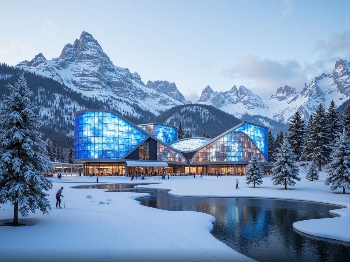 Prompt: Snow-capped mountains, frosty pine trees, frozen lakes, modern ski center architecture, dynamic angular facades, metallic cladding, LED lighting installations, translucent glass panels, icy blue hues, snowflake-inspired patterns, gradient color schemes, 3D modeling, futuristic aesthetics, panoramic views, snowy landscapes, winter sports equipment, ski lifts, mountainous terrain, misty mornings, warm cozy interiors, wooden accents, ambient lighting, shallow depth of field.