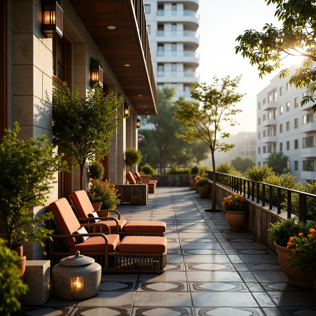 Prompt: Art Deco apartment building, luxurious balcony, ornate metal railing, potted palms, lush greenery, vibrant flowers, geometric patterned tiles, vintage outdoor furniture, retro-style lanterns, warm golden lighting, shallow depth of field, 3/4 composition, symmetrical arrangement, elegant curves, opulent textiles, metallic accents, urban cityscape, morning sunlight, soft focus effect.