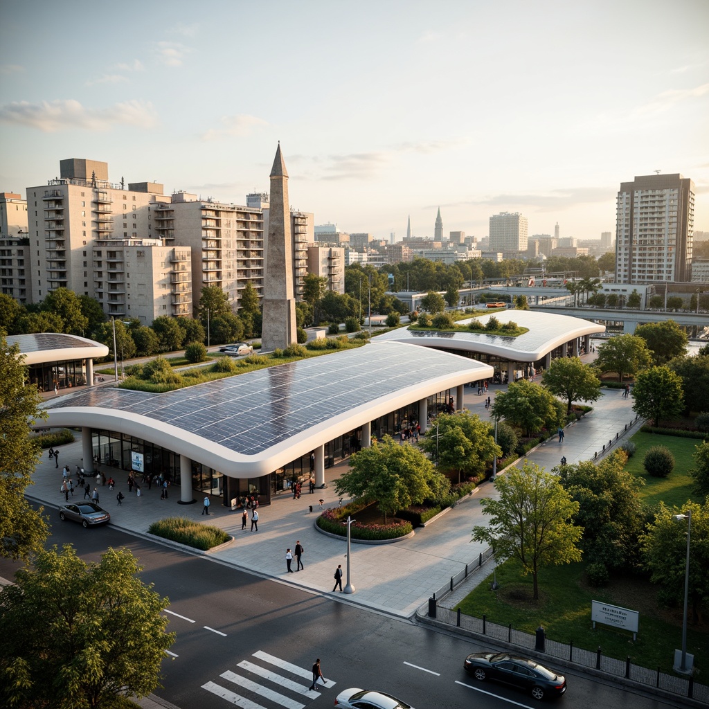 Prompt: Modern bus station, sustainable design, solar panels, green roofs, eco-friendly materials, renewable energy systems, futuristic architecture, curved lines, minimalist aesthetic, natural ventilation, skylights, clerestory windows, urban landscape, cityscape background, warm sunny day, soft diffused lighting, shallow depth of field, 1/1 composition, realistic textures, ambient occlusion.