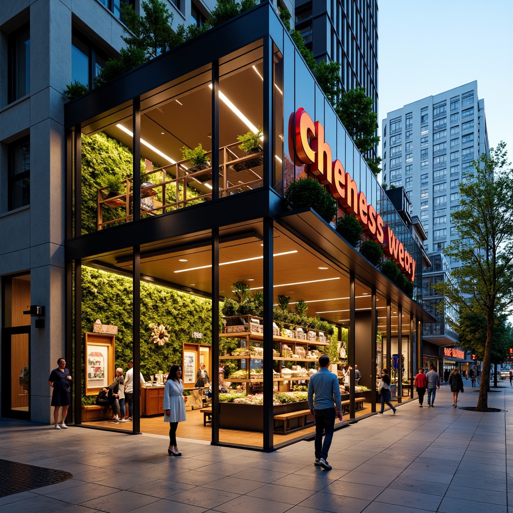 Prompt: Vibrant grocery store facade, bold signage, LED lighting, modern architecture, sleek glass walls, metal frames, colorful branding, urban cityscape, bustling streets, morning sunlight, shallow depth of field, 1/1 composition, realistic reflections, ambient occlusion, natural stone flooring, wooden accents, greenery installations, vertical gardens, geometric patterns, abstract shapes, minimalistic design, eco-friendly materials.