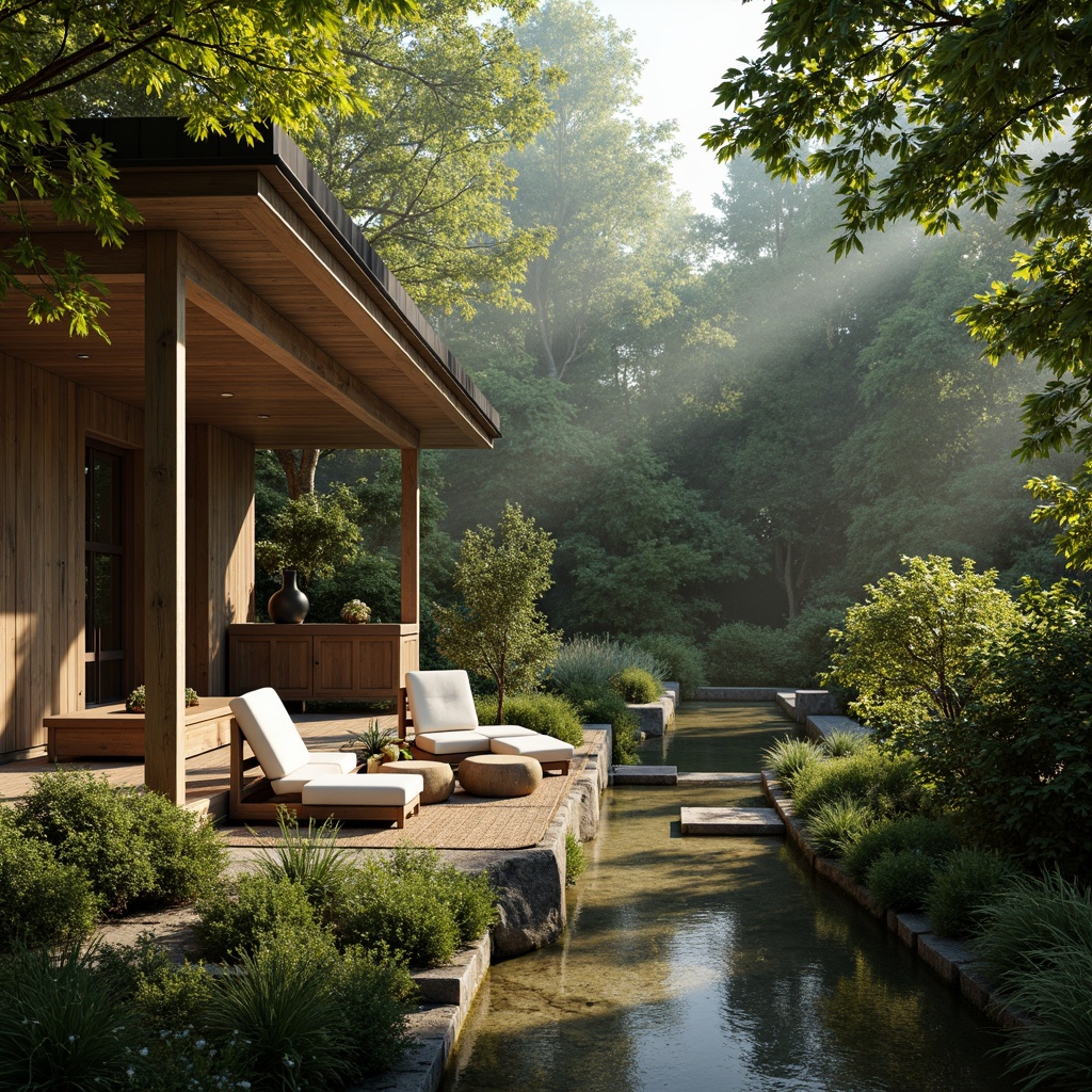 Prompt: Lush greenery, serene forest, misty morning, warm sunlight filtering, natural stone walls, wooden accents, earthy tones, organic shapes, minimalist decor, comfortable seating areas, soft cushions, woven textiles, nature-inspired patterns, gentle water features, small ponds, rustic bridges, peaceful ambiance, shallow depth of field, 1/1 composition, realistic textures, ambient occlusion.