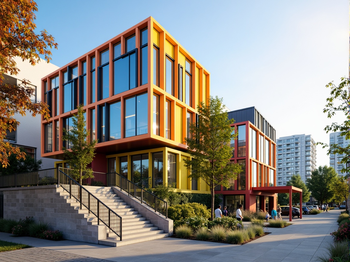 Prompt: Vibrant community center facade, bold color schemes, geometric patterns, large glass windows, modern minimalist architecture, sleek metal accents, cantilevered rooflines, natural stone cladding, inviting entranceways, accessible ramps, wheelchair-friendly design, inclusive outdoor spaces, green roofs, solar panels, eco-friendly materials, urban cityscape backdrop, morning sunlight, soft warm lighting, shallow depth of field, 1/1 composition, realistic textures, ambient occlusion.