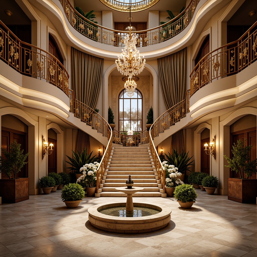 Prompt: Ornate fountain, grand staircase, intricately carved railings, lavish chandeliers, ornamental moldings, gilded accents, luxurious fabrics, velvet drapes, crystal glassware, elegant archways, sweeping curves, majestic columns, refined marble flooring, sophisticated color palette, warm golden lighting, shallow depth of field, 1/1 composition, realistic textures, ambient occlusion.