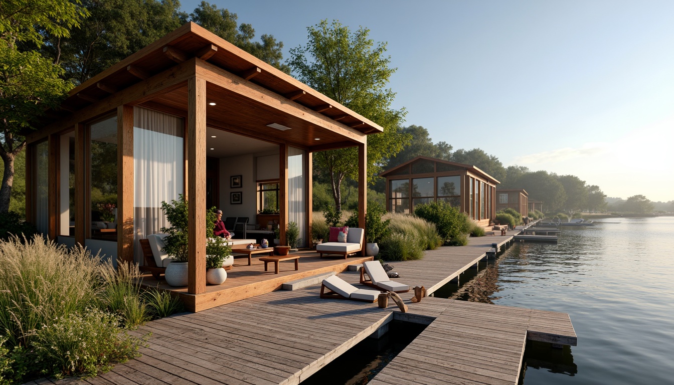 Prompt: Waterfront boathouse, wooden dock, rustic charm, natural lighting, floor-to-ceiling windows, sliding glass doors, wooden accents, nautical decor, cozy atmosphere, warm color palette, soft shadows, reflected light, lake or river views, surrounding trees, lush greenery, serene ambiance, morning sunlight, gentle mist, shallow depth of field, 1/2 composition, realistic textures, ambient occlusion.