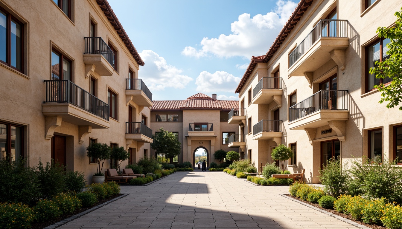 Prompt: Renaissance-inspired student halls, ornate fa\u00e7ades, symmetrical architecture, grand entranceways, rusticated stone walls, arched windows, decorative cornices, classical pilasters, ornamental balconies, red-tiled roofs, Italianate courtyard, lush greenery, vibrant flowers, sunny day, soft warm lighting, shallow depth of field, 3/4 composition, panoramic view, realistic textures, ambient occlusion.