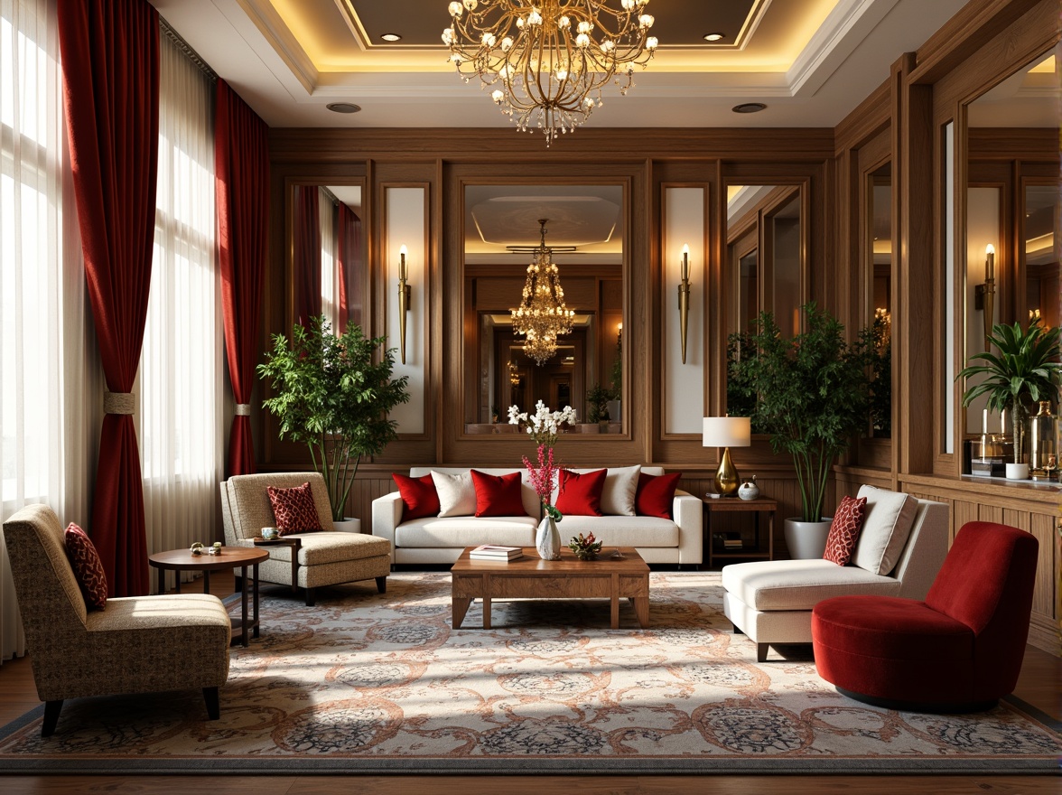 Prompt: Luxurious apartment, Art Deco style, opulent furnishings, rich textures, metallic accents, geometric patterns, bold colors, velvet drapes, marble countertops, ornate mirrors, gilded frames, lavish chandeliers, warm golden lighting, soft creamy whites, deep charcoal grays, rich walnut woods, bold emerald greens, vibrant ruby reds, sophisticated champagne beige, 3/4 composition, shallow depth of field, realistic textures, ambient occlusion.